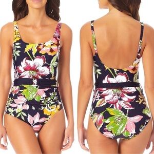 🆕 Anne Cole Navy & Green Tropical Bloom Belted One-Piece